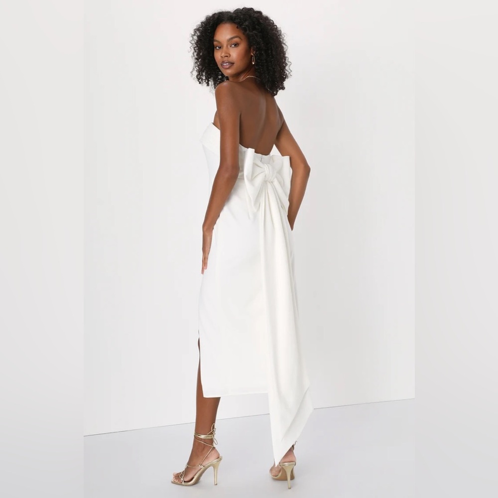 Fabulous Phenomenon White Strapless Bow Midi Dress - Picture 2 of 4